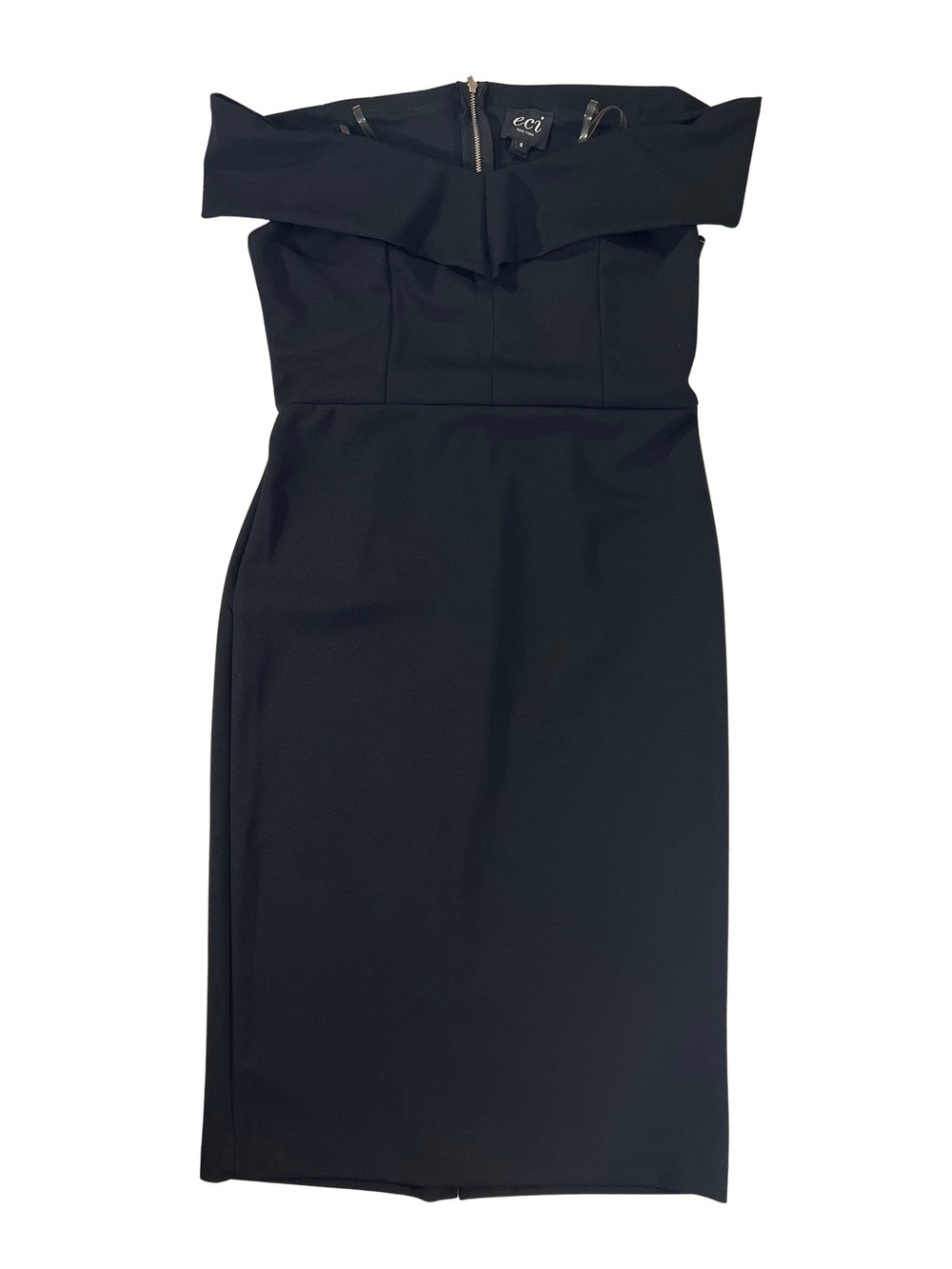 ECI Black Midi Scuba Crepe Sheath Dress Off the Shoulder